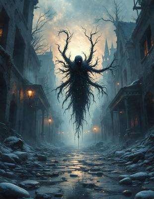 The primary subject of the image is a large, dark, and spooky tree with long branches and a ghostly appearance. The tree is located in a city street, surrounded by buildings and a nighttime atmosphere. The visual style of the image is a digital art or illustration, creating a dramatic and eerie scene. The dominant colors are dark shades, such as black, grey, and purple, which contribute to the spooky and mysterious mood of the image.